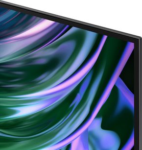Samsung F-TQ77S90D-BF højdefinitions-tv, set fra en vinkel, skærm viser flydende grønne og lilla mønstre
