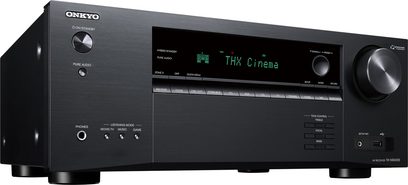Onkyo TX-NR6100 svart hemmabioprojektor, frontvy, "THX Cinema"-display, frontpanelsknappar och uttag, två rattar