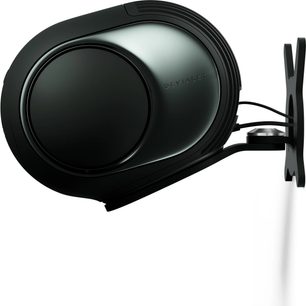 Support for DEVIALET GECKO enclosure wall - Phantom Ultimate 98 dB, black metal with Deep Forest finish, side view, curved arm