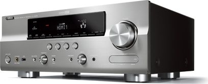 Yamaha RX-V2065 sølvfarvet hjemmebiograf-forstærker, frontpanel, frontvisning, LCD-display, kontrolknapper og -drejeknapper