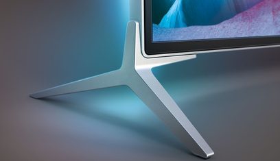 Børstet aluminiumsfod til et Philips 48PUS7600 TV, nærbillede i profil på en blå gradueret baggrund