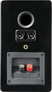 SVS Prime Satellite Bookshelf Speaker Μαύρη Φρεζία, πίσω όψη, κυκλικό πορτ, μαύρες και κόκκινες υποδοχές, επιτοίχια βάση
