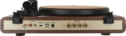 Giradischi hi-fi Enova HIFI VELA VP2, vista posteriore, connettori RCA, USB-PC, alimentazione DC IN 15V, terminali per altoparlanti, finitura in legno