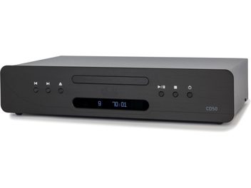 Leitor CD50 Evolution preto, vista frontal, caixa retangular, visor digital central, 6 botões redondos, ranhura para CD