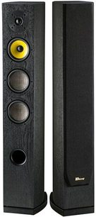 Davis Acoustics Matisse HD højttaler i sortbejdset askefiner, set forfra og fra siden, mørkt træ, gule og sorte højttalerenheder