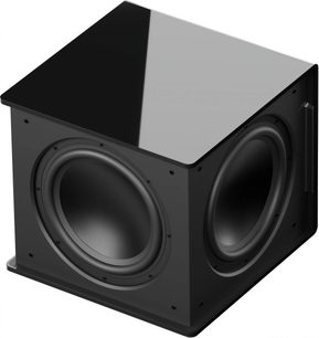 Subwoofer MartinLogan Grotto 15 v černém laku, pohled pod úhlem s viditelným dvojitým bočním reproduktorem