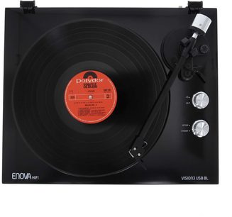 Enova HIFI Vision 3 USB sort pladespiller, set oppefra, sort pladespillerplade med rød "Polydor Special" vinylplade, knapper og tonarm