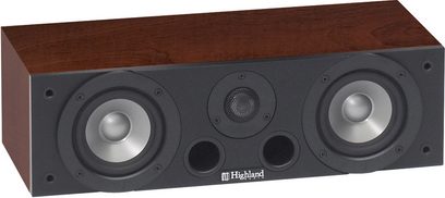 Highland Audio Oran 430C sort centerhøjttaler, set forfra, 3 runde sølvfarvede højttalere på mørk træforside