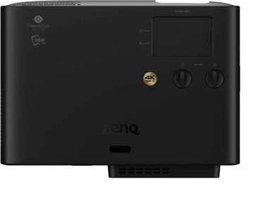 Benq W4100i, beamer, matzwart, rechthoekige vorm met afgeronde hoeken, bovenaanzicht, twee ronde draaiknoppen, rechthoekig klepje, gouden 4K HDR-logo, opschriften CinematicColor en HDR PRO, ventilatieroosters