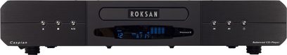 Roksan Caspian M2 CD-afspiller, sort, frontpanel, blå display, sølvfarvede knapper, hovedtelefonstik og fjernbetjening