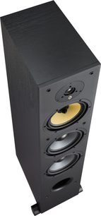 Davis Acoustics Ariane 7 højttaler i sort træ, 3/4 overhead-visning, diskant, gul mellemtoner, grå basenheder, basrefleks