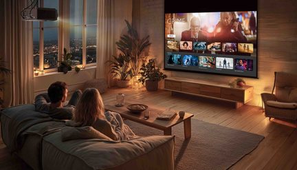 4K domácí kino projektor v útulném obývacím pokoji, velká nástěnná obrazovka pro streaming, pár sledující film na pohovce