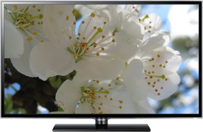 Nærbillede af hvide blomster fra kirsebær- eller æbletræ på en tændt tv-skærm, med detaljerede kronblade og synlige gule støvdragere