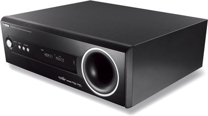 Sort Yamaha YHT-S300 hjemmebiografsystem, set forfra, med display, knapper og drejeknap på forsiden
