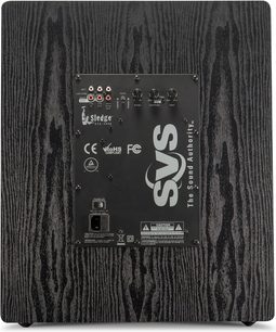 SVS PB12-NSD subwoofer, bagside, tilslutninger og justeringer, sort tekstureret træfinish