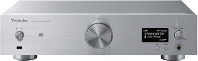 Technics SU-R1E-S sølvfarvet stereo-forforstærker, frontvisning, digitalt display, knapper og tilslutninger