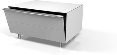 Spectral Scala SC560 SL audio-/videomøbel, frontvisning, i lys, blank grå metal, med åben skuffe og ben