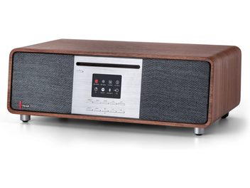 Systém hi-fi vše v jednom Pinell of Norway Supersound 701 ořech, obdélníkový kryt s ořechovým dýhovým povrchem v hnědé barvě se zaoblenými rohy, střední přední panel z kartáčovaného stříbrného hliníku s horizontální štěrbinou pro CD, malý černý displej a řada tlačítek, široké boční mřížky reproduktorů z antracitově šedé látky, válcové kovové nožky, pohled zepředu ze tří čtvrtin