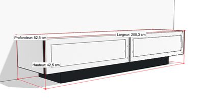 Lavt, rektangulært sort og hvidt TV-møbel, set forfra med sider, 200,3 cm langt, 52,5 cm dybt, 42,5 cm højt