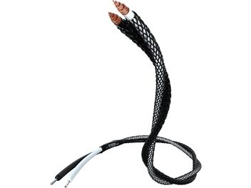 Černý a měděný kroucený kabel s pozlacenými banánkovými konektory na koncích, značka Inakustik, model Reference LS-104 Micro AIR Easy plug