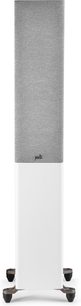 Altavoz de torre Polk Audio R500 blanco, vista frontal, rejilla gris, tweeter y woofers visibles, base negra