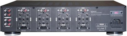 Multiroom- oder Multi-Zonen-Verstärker ArtSound AMP-850, Rückansicht, RCA-Anschlüsse, Schraubklemmen, Strom- und Triggeranschlüsse