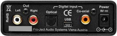 Pro-Ject Dac Box USB sort audio-konverter, front med RCA-, optiske, koaksiale, USB-stik og kontakt
