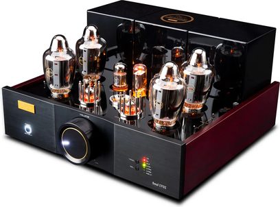 Cayin Soul 170i integreret stereo rørforstærker i sort børstet metal med mahogni træpaneler, spejlblank topplade med flere glødende vakuumrør, stort baggrundsbelyst volumenhjul og LED-indikatorer på fronten, set i let skråt trekvartsperspektiv forfra