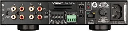 Sonance DSP 2-150 amplificatore con ingressi e uscite audio, controlli del volume e selettori sul pannello posteriore