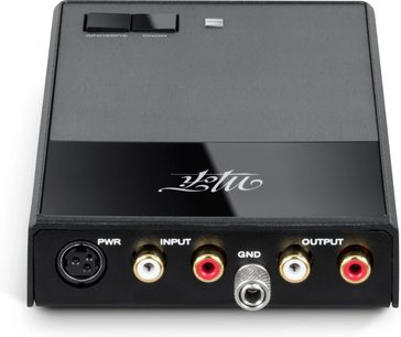 Mofi Electronics StudioPhono -phonoesivahvistin, musta, etunäkymä RCA-tuloilla ja -lähdöillä, maadoitusliitännällä ja virtalähteellä