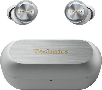Auriculares inalámbricos Bluetooth Technics EAH-AZ100E plateados con 2 auriculares circulares y estuche rectangular con bordes redondeados