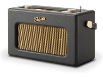 Radio digital de mesa Roberts Revival iStream 3L en gris carbón con acabado en similicuero, vista de tres cuartos frontal derecha, con rejilla de altavoz metálica dorada, bordes redondeados, asa lateral con herrajes dorados, dos botones giratorios color crema y antena telescópica plegada en la parte superior.