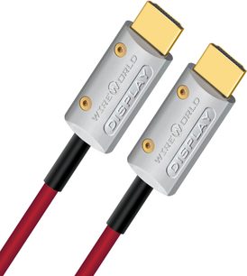 Zwei graue HDMI-Kabel von Wireworld Display mit vergoldeten Anschlüssen, eines davon mit der Aufschrift "WIREWORLD DISPLAY"