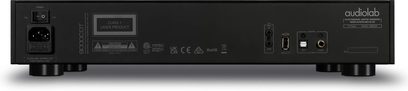 Vysokofrekvenční CD přehrávač Audiolab 9000CDT z pohledu zezadu s konektory, vypínačem, technickými nápisy a kruhovými nožičkami