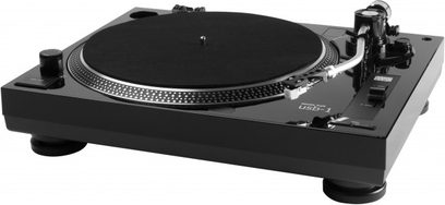 Hi-fi pladespiller Music Hall USB-1 sort, set ovenfra, rund pladespindel, tonarm, betjeningsknapper på siden