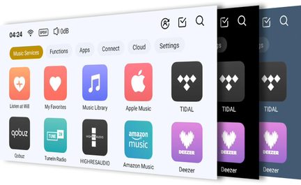Musikkprogramvaregrensesnitt, skråvisning, lyse og mørke temaer overlappende, Apple Music-, Tidal- og Deezer-ikonrutenett
