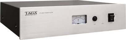 Taga Harmony PF-2000 sølvfarvet strømforsyning, frontpanel med voltmeter, afbryder og strømudtag