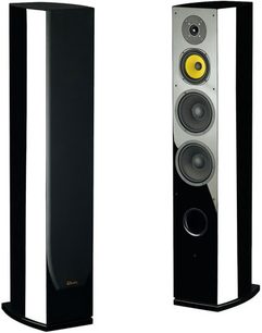 Sorte Davis Acoustics Vinci 2 gulvhøjtalere, 3 lodret opstillede højttalerenheder, diskant, gul mellemtone, basenheder, blankt kabinet