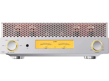 FiiO EA13 silver stereo tube integrated amplifier, front panel with yellow VU meters and dual rotary knobs