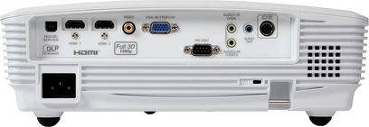 Optoma HD25e hvid videoprojektor, set forfra, med HDMI-, VGA-, lyd- og RS-232C-tilslutninger