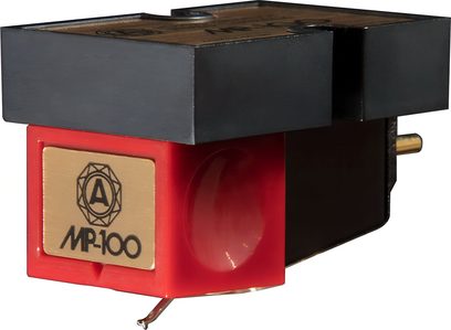Nagaoka MP-100 turntable cartridge in black and red plastic with engraved gold front plate, three-quarter front left view