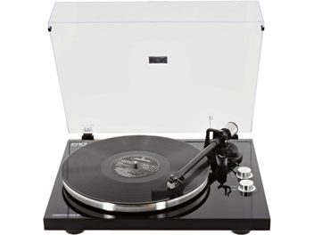 Czarna hi-fi wkładka gramofonowa Enova HIFI Vision 4 USB, matowa obudowa, błyszczący talerz, ramię odczytu, przezroczysta pokrywa