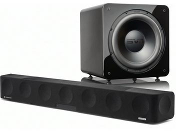 Čierny soundbar Sennheiser AMBEO s čiernym subwooferom SVS, pohľad spredu
