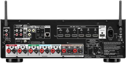 Zesilovač domácího kina Denon AVR-X1700H DAB černý, zadní strana, detailní centrální pohled, množství audio/video konektorů