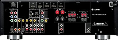 Yamaha RX-V565 hjemmebiograf-forstærker, frontpanel, mange audio/video-stik, knapper og drejeknapper til justering