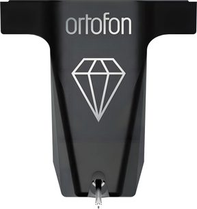 Ortofon MC X30 fonokapszula előlről, fémötvözetből készült matt fekete testtel, ezüstszínű Ortofon logóval és gyémántmintával a közepén, látható fém kantileverrel lent