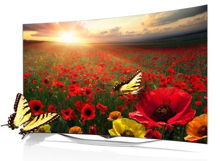Røde valmuer og gule blomster på en mark under en skyet solnedgangshimmel, sommerfugle i forgrunden, TV-billede
