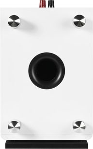 Regálová reprosoustava Micromega MySpeaker bílá, pohled zepředu, dva kulaté stříbrné reproduktory, uprostřed černý výškový reproduktor