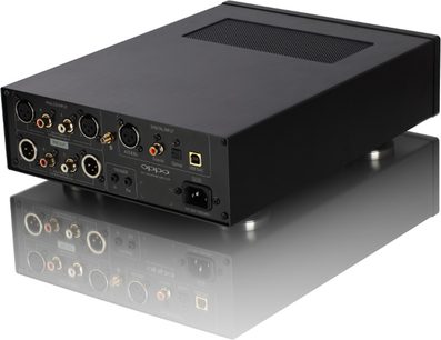 OPPO HA-1 sort hovedtelefon-forstærker, set forfra og bagfra, analoge og digitale lydstik, aluminiumskabinet