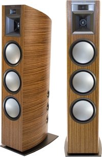 Klipsch Palladium P-39-F højttaler, træfinish, tre sølvfarvede runde højttalere, en diskant, sort fod
